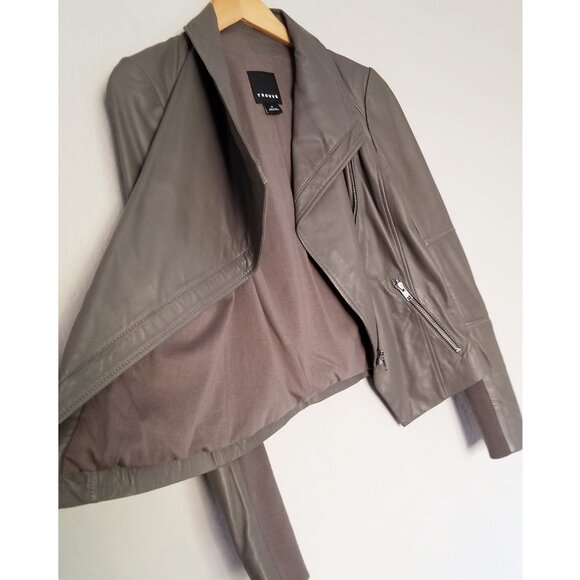 Trouve Asymmetric Drape-Front Soft 100% Genuine Leather Jacket Taupe Gray XS - Picture 8 of 16